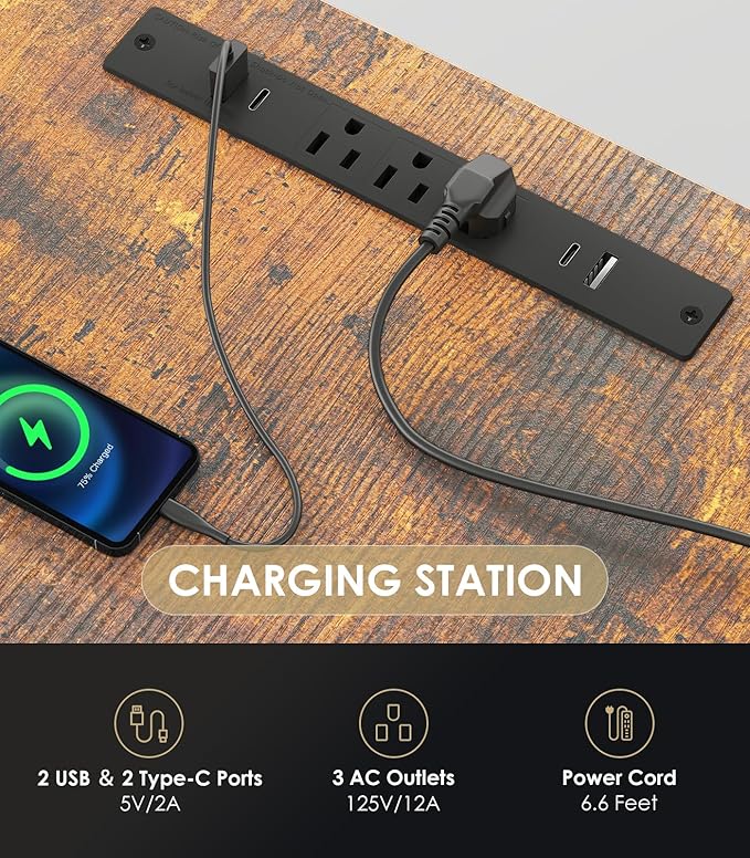 OffiGo Electric Standing Desk with 3-Piece Board, 79 Inch Height Adjustable Large Desk with Power Outlets, Sit Stand Table, Writing Computer Desk for Home, Office, Workstation, Rustic Brown