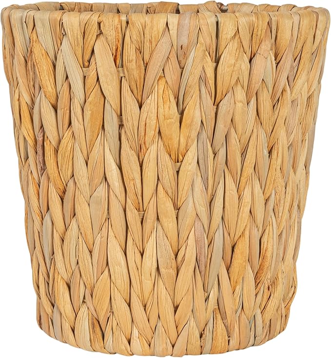 Household Essentials Handwoven Round Water Hyacinth Waste Basket with Plastic Liner, Natural
