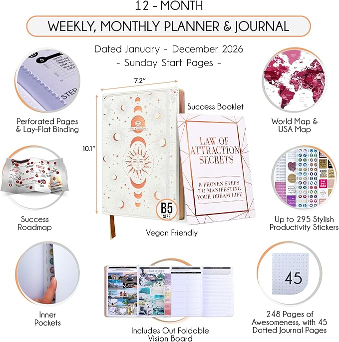 2026 Planner Weekly and Monthly | Law of Attraction Planner with Panduo App | A 12 Month Journey for Productivity, Gratitude & Goal Setting | Includes Foldable Vision Board, Gift Box & Stickers