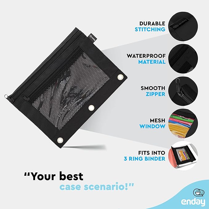 Enday Black Pencil Pouch for 3 Ring Binder (2 Pack) Binder Pencil Pouch, 3 Ring Pencil Pouch for Binder, Pencil Bags, Zippered Pencil Pouch, Pencil Case for Binder