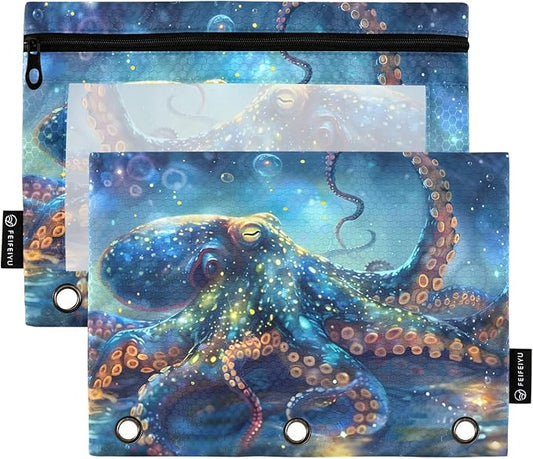 Octopus Galaxy Pencil Pouch for 3 Ring Binder, 2 Pack Waterproof Pencil Bags Clear Window Zipper School Office Supplies
