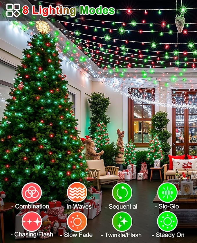 157FT 480 LED Christmas Lights Outdoor, Plug in Christmas Tree Lights Waterproof, 8 Modes Green Wire Twinkle String Light for Indoor Room House Patio Tree Holiday Decorations, Red Green