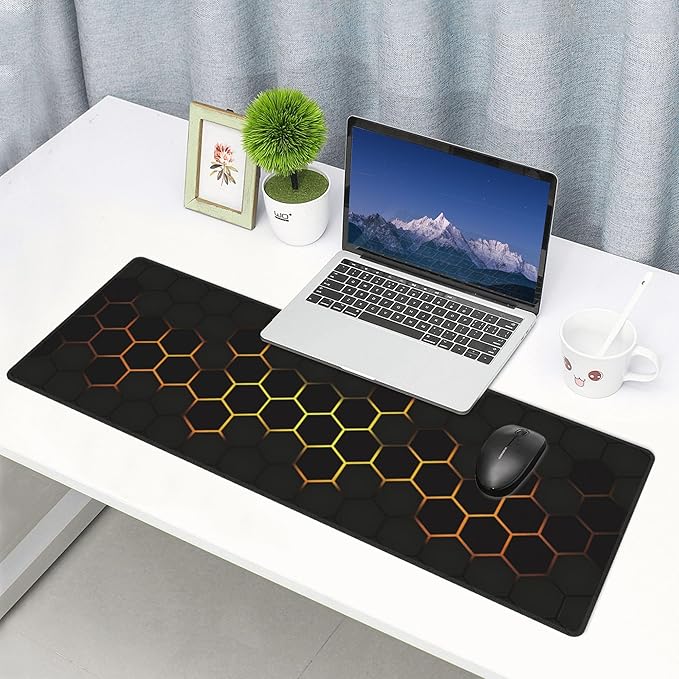 Hexagon Honeycomb Golden Large Mouse Pad, Gaming Desk Mat, XL Extended Keyboard Desk Pad, 31.5"x11.8" Non-Slip Rubber Base Big Mousepad with Stitched Edges for Home and Office