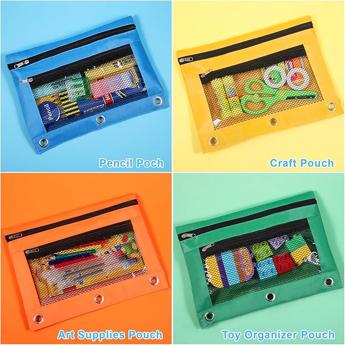 12PCS Pencil Pouches for 3 Ring Binder, 10"x7.5" Zippered Binder Pouch, Double Layer Clear PVC & Mesh Pencil Bags, 12 Colors (2 Each) for School, Office, Travel & Home Organization