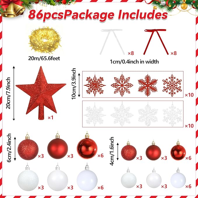 86Pcs Led Light Red and White Christmas Tree Decorations Set 100 Led Light Christmas Star Trees Topper with String Lights Xmas Balls Snowflakes Ornaments Bows Xmas Trees Decor 20m Light String