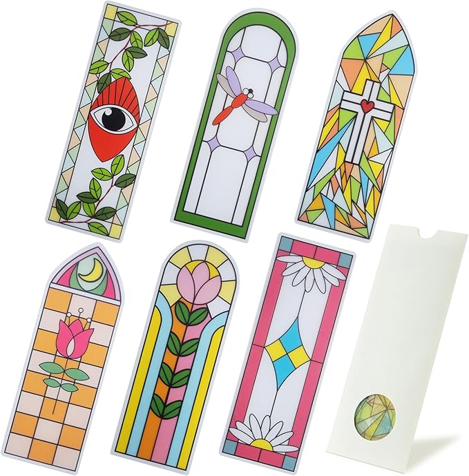 SWATOM 6 PCS Two-Sided Frosted Stained Glass Bookmarks for Reading Women Waterproof Transparent Plastic Bookmark Gifts for Book Lovers with Bookmark Holders ﻿