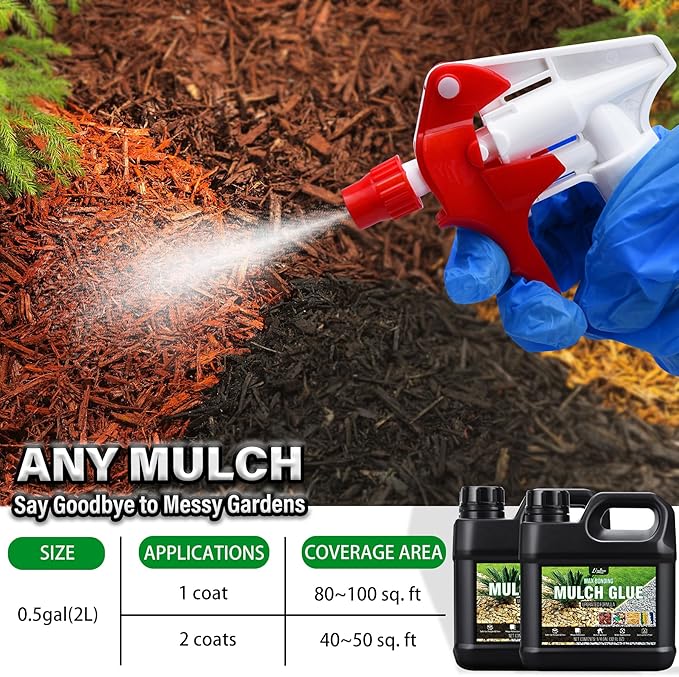 Mulch Glue - 64oz Concentrate Gravel Glue Strong Landscape Adhesive with Applicator for Landscaping, Garden - Safe Ready to Use Mulch Lock Gravel Stabilizer Glue for Pea Gravel, Rock, Leaf, Bark
