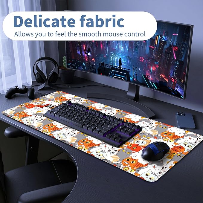 Cute Anime Cat Mouse Pad Large Desk Mat Extended Kawaii Keyboard Mouse Pad Mousepad with Non-Slip Base and Stitched Edge Funny Mouse Mat Desk Pad 31.5 X 11.8 in Mouse Pads for Desk Gaming Home Office