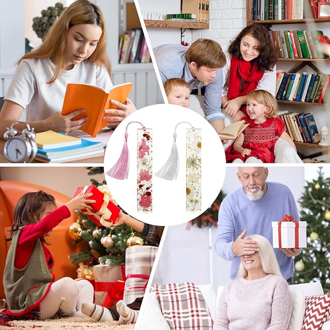 Bookmarks for Women, Kaluofan 2PCS Book Marks for Reading Women, Durable Handmade Dried Flower Resin Bookmarks with Tassels, Pretty and Increase Reading Interest