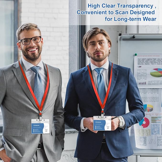 100 Pcs Lanyards for ID Badges and 100 Pcs Clear Name Tag Holders Reusable Lanyard with Clip Plastic ID Card Badge Holder Name Badges for Adults Kids Business School Office Supplies (Red)