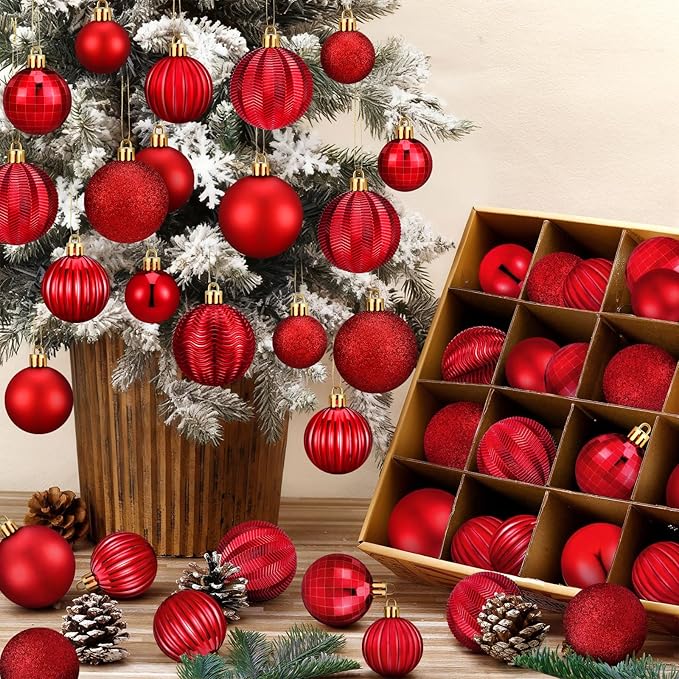 64 Pcs Red Christmas Ball Ornaments Matt Glitter Red Ornament for Christmas Tree 1.6/1.97/2.4 Inch Shatterproof Hanging Xmas Decoration for Tree Holiday Indoor
