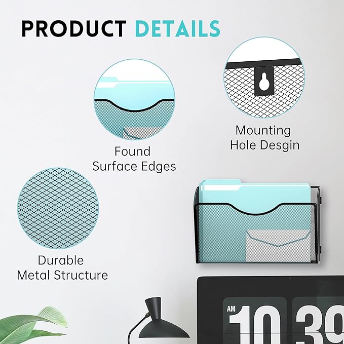 DALTACK 8 Pockets Mesh Wall File Organizer, Hanging File Organizer Vertical Wall Mount File Holder, Metal Wall File Pocket Document Magazine Rack for Office Home, Black