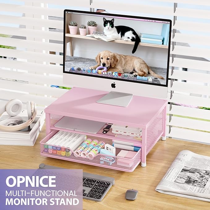 OPNICE Computer Monitor Stand Riser, Desk Organizers and Accessories with Drawer, Laptop Stand, Office Desk Accessories & Workspace Desktop Organizers Storage for Office Supplies(Pink)
