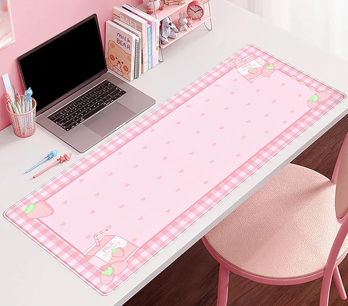 Cute Pink Plaid Desk Mats Strawberry Milk Gaming Desk Pad, Kawaii Extended Mouse Pad Kawaii Large Keyboard Mats XXL, Laptop Mat for Desk, Desktop Mat Mousepad Office Decor for Women 31.5"x15.75"