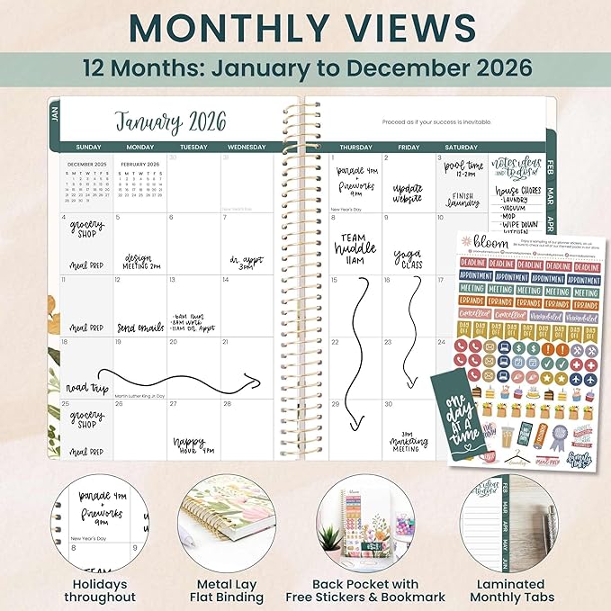 bloom daily planners 2026 Planner (January - December) Calendar Year Organizer - 5.5” x 8.25” - Weekly & Monthly Agenda Book with Stickers & Bookmark - Beige Bouquet