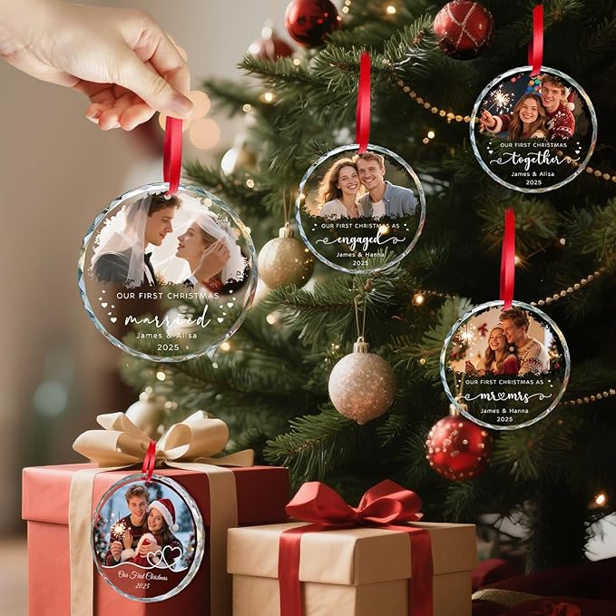Personalized Our First Christmas Ornaments 2025 with Photo, Custom First Christmas Married Ornament, 1st Xmas Ornament for Together, Engaged, As Mr Mrs, Personalized Xmas Gifts Couple (3.15”)
