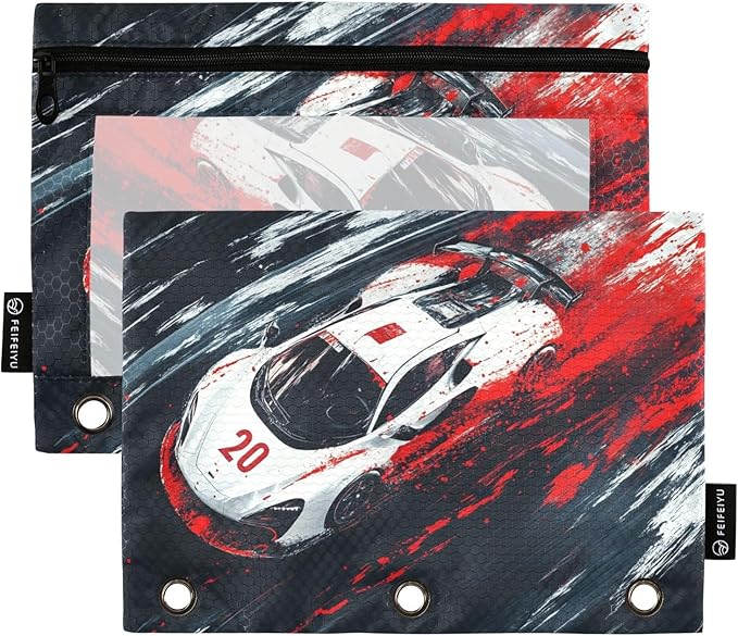 Truck Racing Car Pencil Pouch for 3 Ring Binder, 2 Pack Waterproof Pencil Bags Clear Window Zipper School Office Supplies