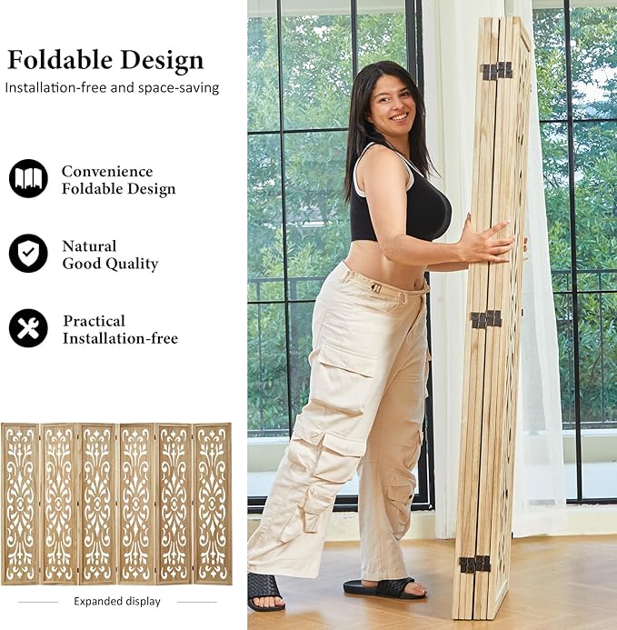 5.6Ft Room Divider Folding Wood Classical Carved Partition Screen for Home Office Garden - 6 Panels (Natural)