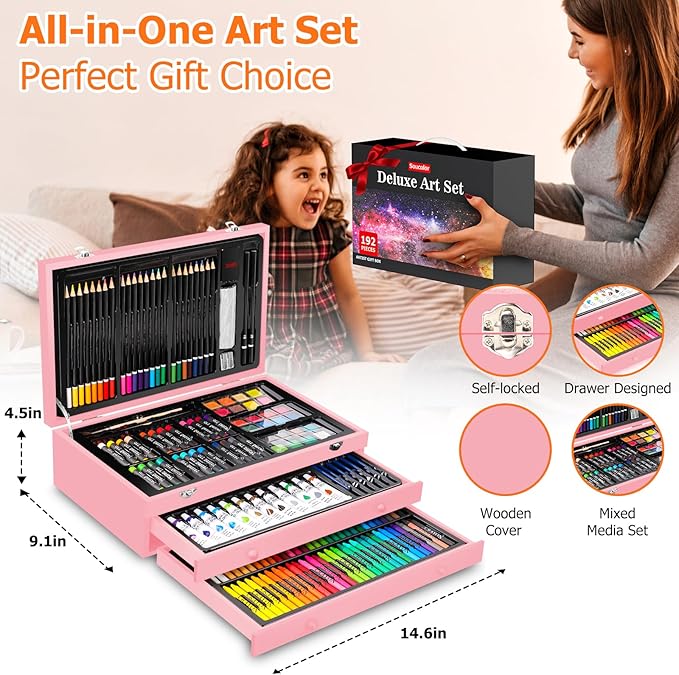 Christmas Gifts Birthday Gifts, Art Kits Art Sets, Aesthetic Cute Preppy Stuff Art Supplies, Soucolor 192-Pack Deluxe Drawing Stuff with Acrylic Pad, Watercolor Book and Sketch Book, Canvases, Brushes