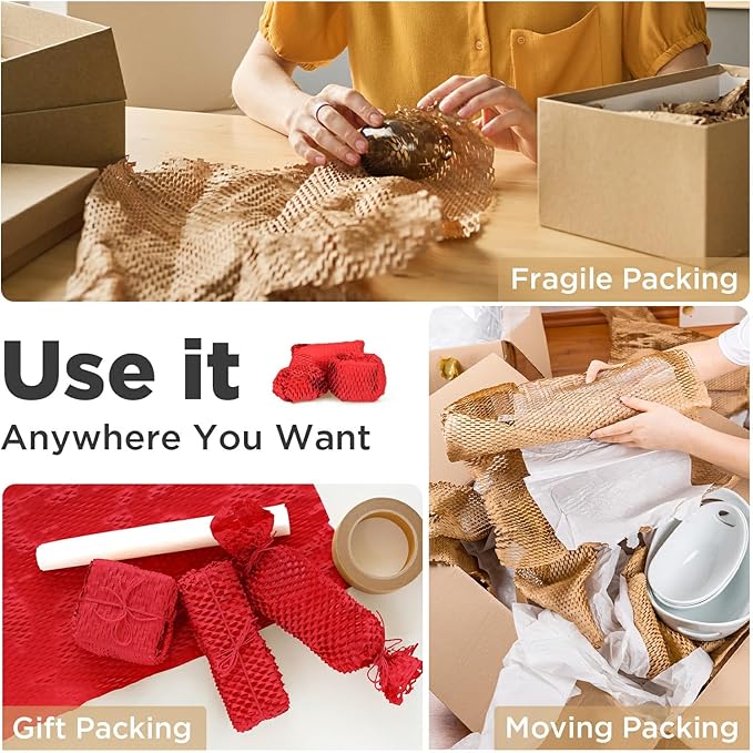 Honeycomb Packing Paper, 12"x300' Red | Perforated Honeycomb Packing Paper Recyclable Moving Supplies for Shipping & Moving | Plastic-Free Alternative to Bubble Cushion Wrap with 36 Fragile Stickers