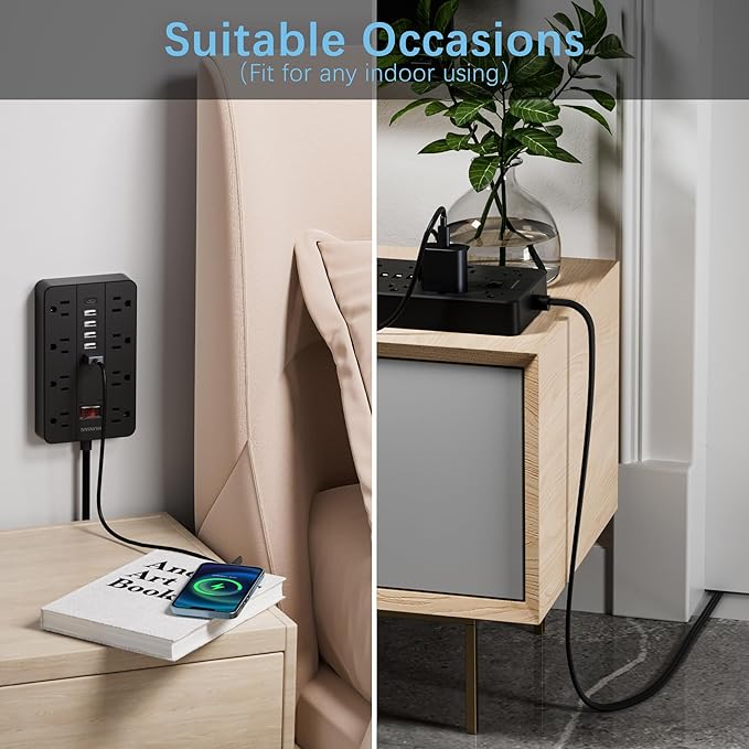 Power Strip Surge Protector, HUNIAN Flat Plug 10 Ft Long Extension Cord with 8 Widely Spaced Outlets 6 USB (1 USB C Port), Wall Mount Charging Station for Home and Office