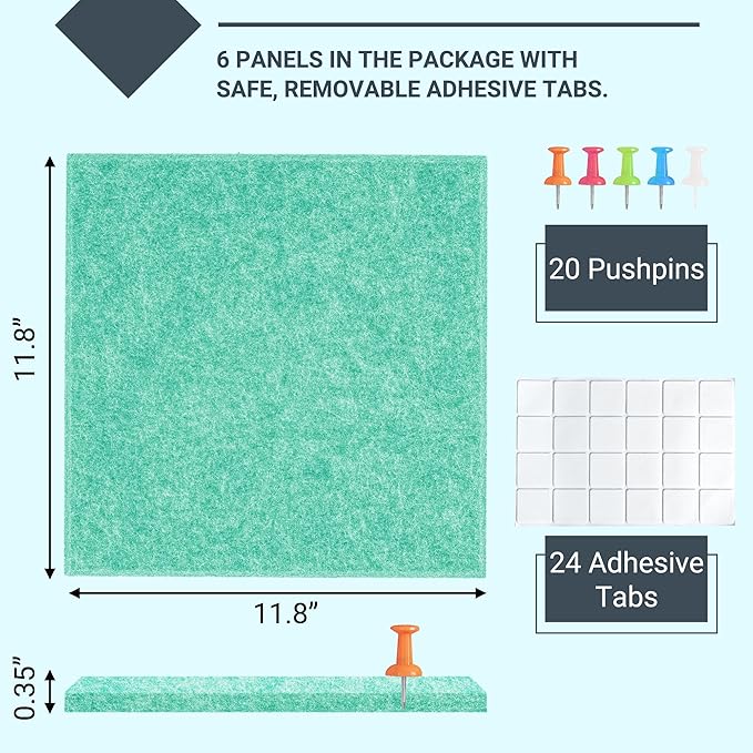 AKTOP Cork Board Bulletin Board 24"x36", 6 Pack Removable Felt Cork Board Tiles for Wall, Large Corkboard Notice Pin Board for Office, School & Home,24 Safe Adhesive Tabs, 20 Push Pins, Lake Blue