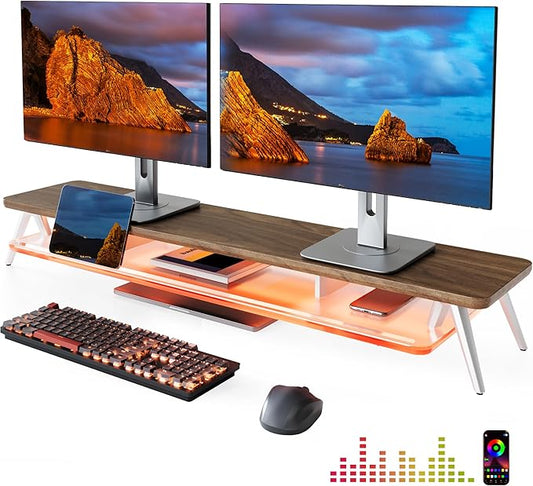 Fenge Dual Monitor Stand for Desk, 2 Tiers Monitor Riser with Acrylic Shelf & App Control LED Lights, 42.5 Inch Wood and Aluminum Desk Shelf with Phone and Tablet Holder