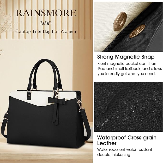 RAINSMORE Laptop Bag for Women 15.6 Inch PU Leather Laptop Tote Professional Business Office Work Bag Waterproof Briefcase Computer Tote Bag Large Lightweight Handbag Shoulder Bag