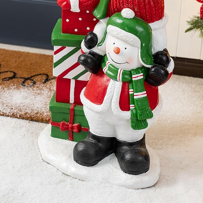 Glitzhome Christmas Stacked Triple Snowman Porch Decor, 35.25"H Resin Statue with Gift Boxes, Hand-Painted Outdoor/Indoor Holiday Display for Entryway