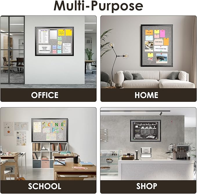 SHANTRA 24 x 18 Inch Bulletin Board with Grey Fabric, Wood Framed Canvas Cork Board, Corkboard for Walls with 10 Pins, Decorative Vision Board, Wall Mounted Notice Board for Home, Office, School