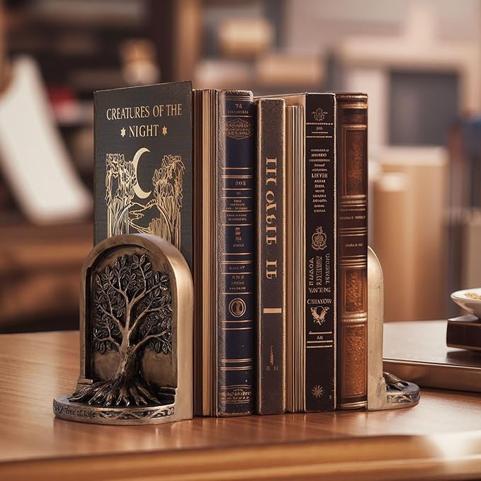 Vintage Bronze Finish Tree of Life Bookends Set, 2 Non-Skid Heavy Bookends for Shelves or Bookcase, Decorative Bookends for Desktop Shelf Decor, Library Office Decor, Home Décor Gift
