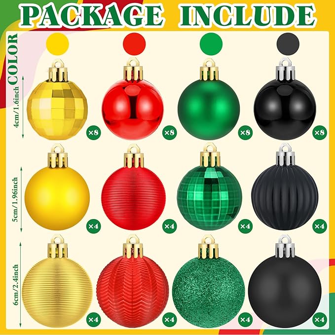 64 Pcs Black History Month Christmas Ball Ornaments Decoration Glitter Matte African American Ornament 1.6/1.97/2.4 Inch Assorted Black Red Yellow Green Xmas Baubles for Home Tree Party