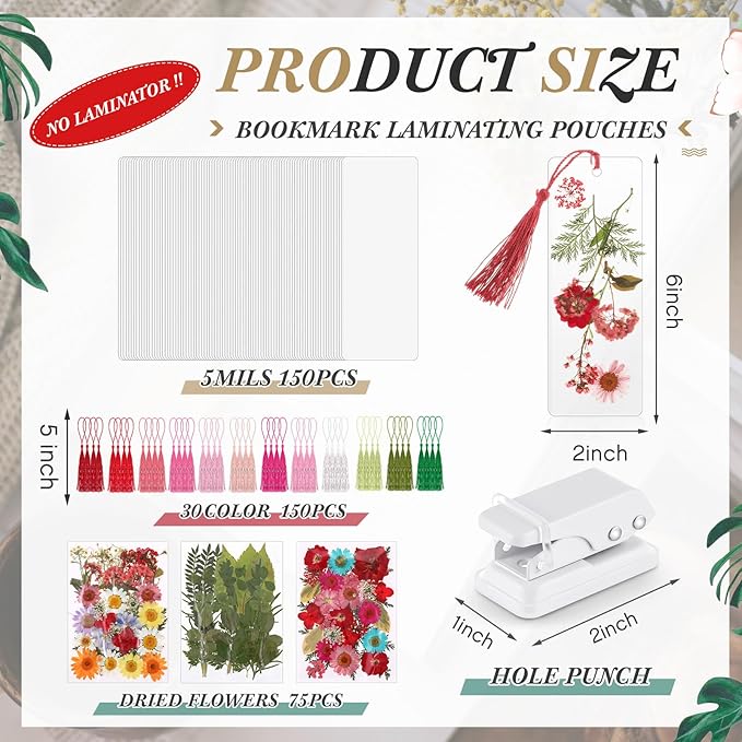 150 Pcs DIY Pressed Dried Flower Bookmark Making Kit, DIY Bookmark Bulk Thanksgiving Teacher Gifts for Reading Women Book Lovers(2 x 6 Inch,Rainbow Color)