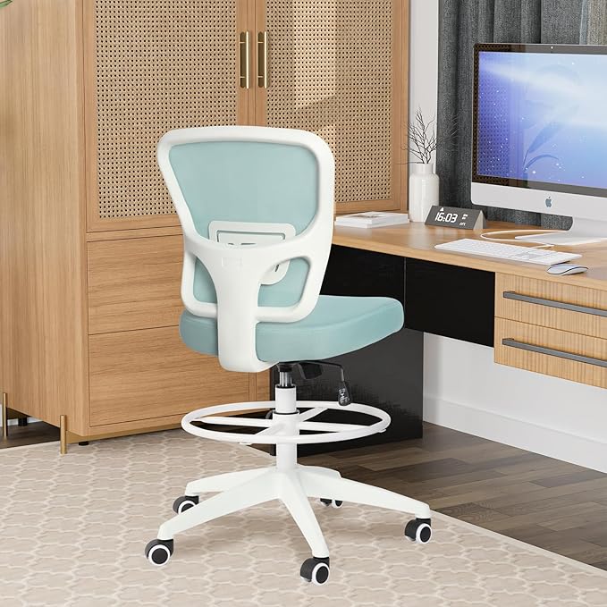 Drafting Chair Adjustable Height Tall Office Chairs Standing Desk Chair Rolling Stool Chair Armless Office Drafting Chair Blue