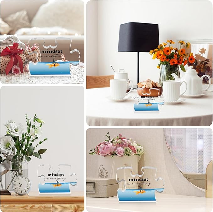 Inspirational Gifts for Friends Coworker, Engraved Acrylic Block Heart Puzzle with Gift Box, Mindset is Everything, 3.9 x 3.3 Inch Engraved Acrylic Office Desk Sign - PT26