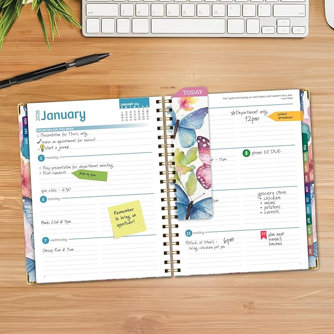HARDCOVER 2026 Planner, 7"x9": 14 Months (November 2025 - December 2026), Daily Weekly Monthly Planner, Yearly Agenda, Bookmark, Pocket Folder and Sticky Note Set (Watercolor Butterflies)