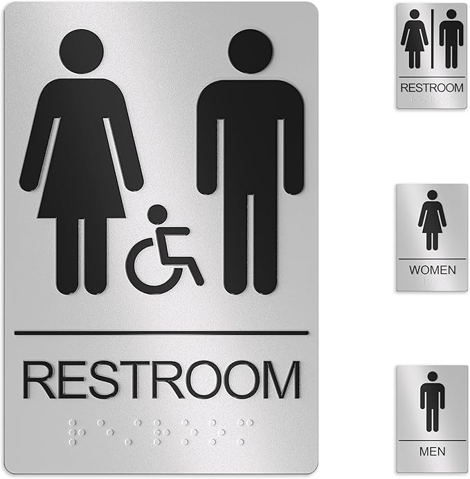 Unisex Bathroom Signs, Restroom Sign For Business - For Men and Women - 9" by 6" - ADA Compliant with Braille - Strong Double-Sided Adhesives Included - Apply to Office, Home, Public Door/Wall