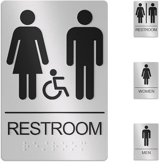 Unisex Bathroom Signs, Restroom Sign For Business - For Men and Women - 9" by 6" - ADA Compliant with Braille - Strong Double-Sided Adhesives Included - Apply to Office, Home, Public Door/Wall