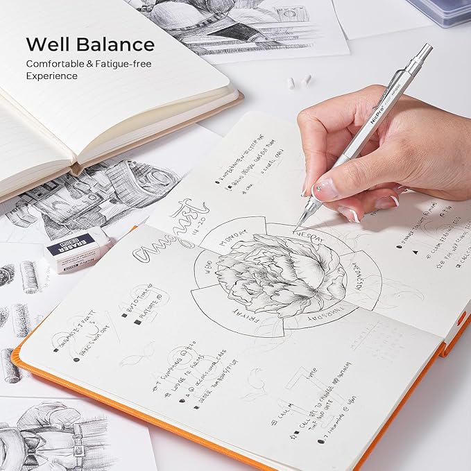 Nicpro 2 PCS Mechanical Pencil 0.5mm & 0.7 mm with Case, MP1000 Metal Artist Pencil Set with 6 Tubes HB Lead Refills, 3 Erasers, 9 Eraser Refills For Art Writing Drafting, Drawing, Sketch, Silver