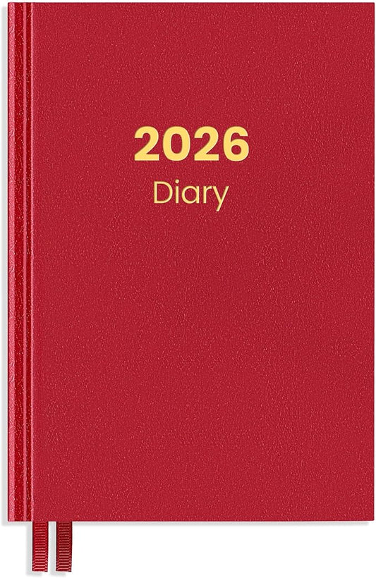SUNEE 2026 Diary Journal Hardcover - Daily Planner Organizer for Work & School - Daily Page Layout with Holidays, Notes, Contacts - Agenda for Women & Men, Red