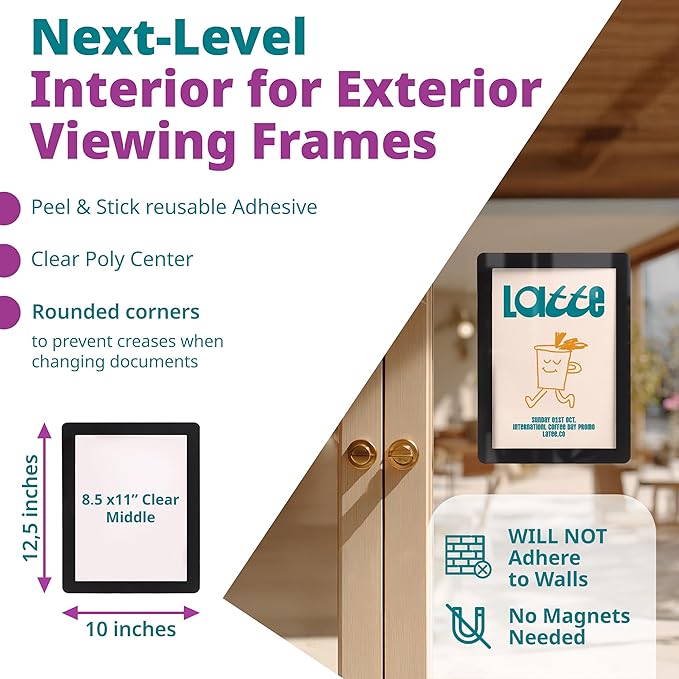Letter-Size 8.5 x 11 Adhesive Interior for Exterior Viewing Frames - Reusable Sticker Holder Display for Windows & Doors, Paper Holder, Dry Erase, Non Acylic & Non Magnetic - Black, Pack of 5