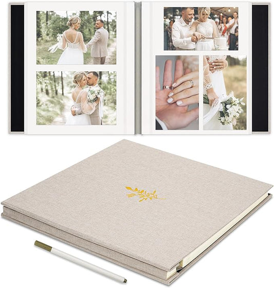 Self Adhesive Photo Album, Beige Scrapbook Album with DIY 40 Blank Pages, Wedding Photo Album with A Metallic Pen for 4x6 5x7 2x3 Pictures, 10.6"x11"