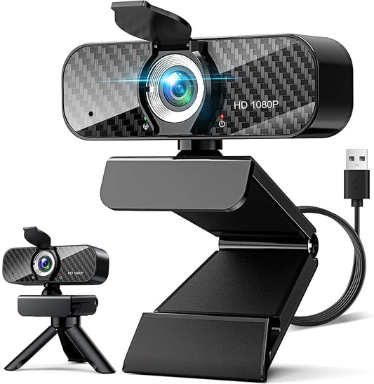 Webcam Full HD 1080P with Built-in Microphone and Rotatable Tripod, Carbon Fiber Board and Privacy Cover, Auto Light Correction, Adjustable FOV, Plug&Play for Zoom/Skype/Facetime/YouTube, Laptop/PC