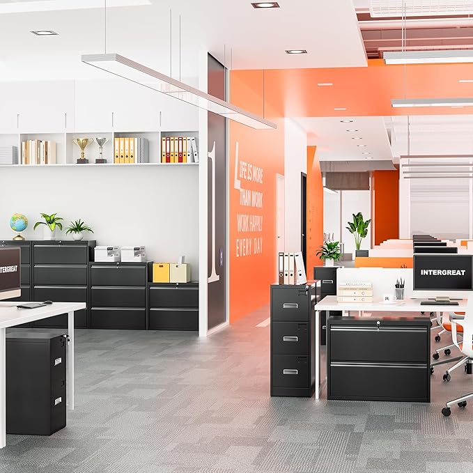 INTERGREAT Lateral File Cabinet with 2 Drawers, 28" W Black Lateral Filing Cabinet with Lock, Black Metal File Cabinets for Home Office,Letter/Legal/F4/A4