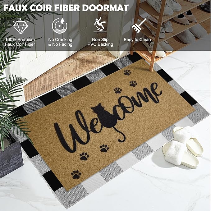 2 Pcs Halloween Welcome Door Mat 30 x 17 Inch Black Cat Coir Doormats for Front Door Cat Paw Door Mat Non Slip 2-in-1 Buffalo Plaid Rug for Outside Entrance Porch Home Patio Decor