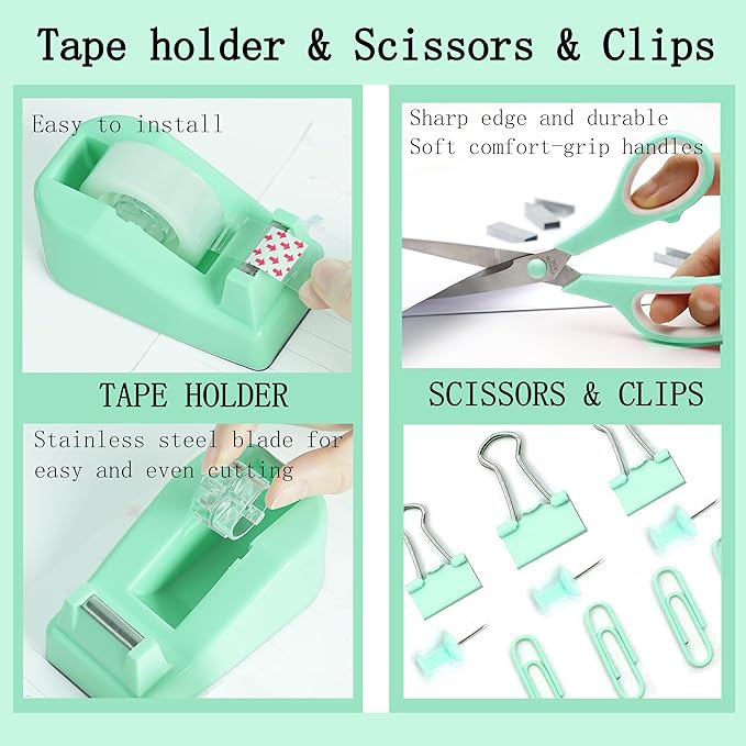 Green Office Supplies, Teal Desk Accessories 360°Pen Holder Desk Organizers and Accessories with Tape Dispenser, Stapler, Staple Remover, 1000 Staples, Tape, Clips Set, Ruler, Scissor, Pen