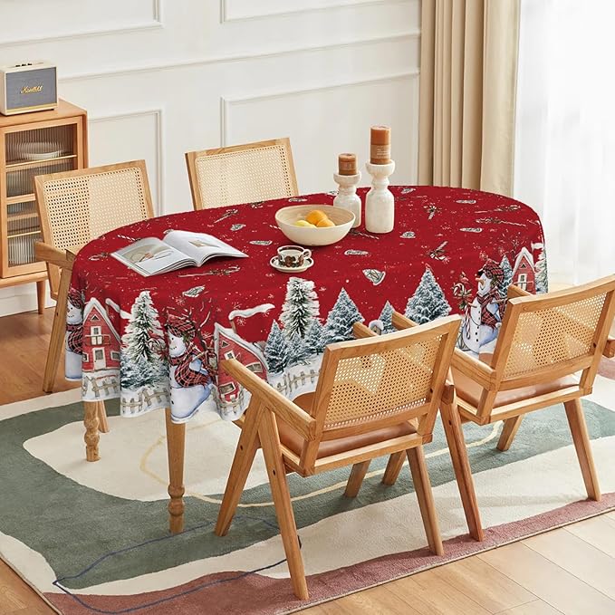 Horaldaily Christmas Tablecloth 60×84 Inch Oval, Winter Snowman House Christmas Trees Red Washable Table Cover for Party Picnic Dinner Decor