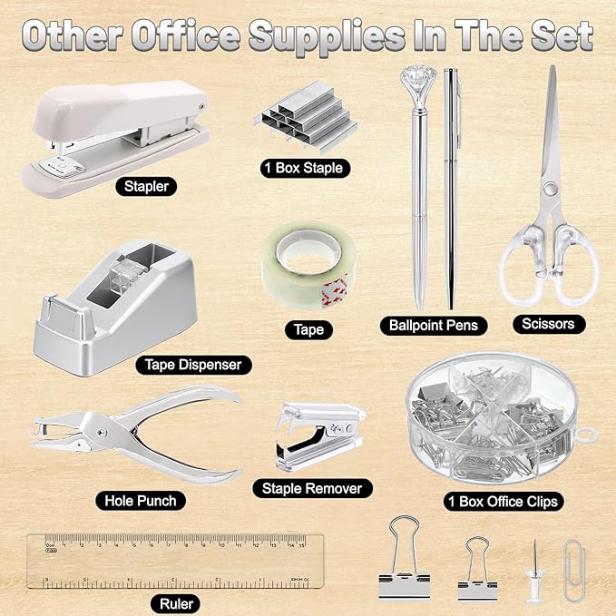 SYMDROMIA 13-in-1 Office Desk Organizer Set with Stapler and Tape Dispenser, Pen Holder, Scissors, Ruler, Hole Punch, 2 Pens & More Desktop Accessories for Back to School Supplies (Silver)