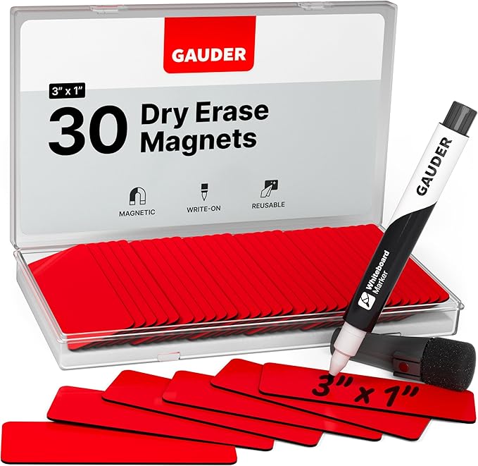 GAUDER Magnetic Dry Erase Labels | 30x Magnetic Labels (3 Inches x 1 Inch) | Dry Erase Magnets for Classroom, Whiteboard and Blackboard