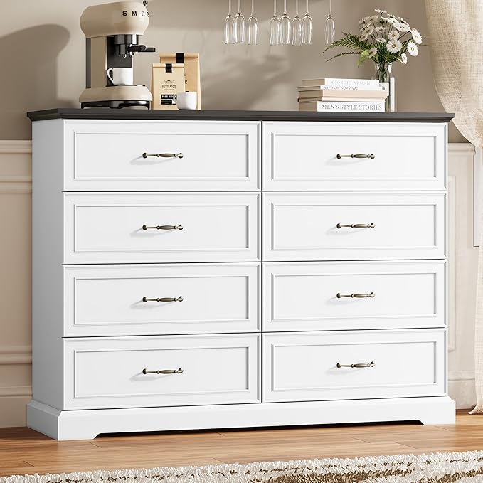 8 Drawer Dresser for Bedroom, 53" Wide Wooden Chest of Drawers, Rustic Farmhouse Dresser with Large Drawers & Metal Handles, Modern Storage Organizer for Closet, Living Room, Hallway, White
